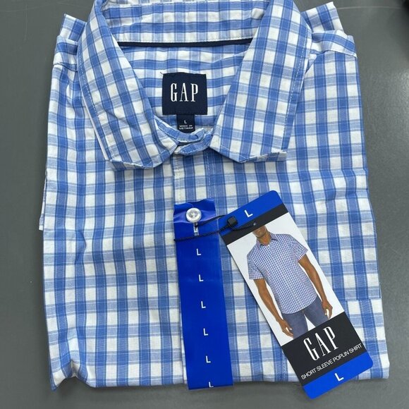 NEW Gap Men's Size L Short Sleeve Blue Plaid Button up Shirt - Picture 3 of 9